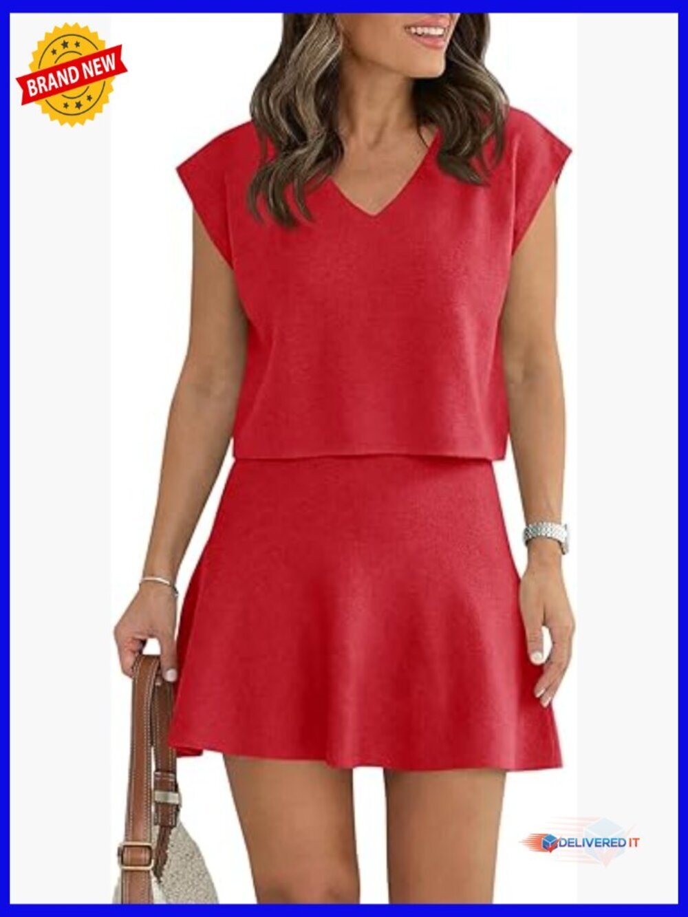 V Neck Crop Top A Line Mini Skirt 2 Piece Set Sleeveless Knit Skirt